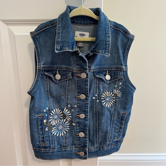 Old Navy Girls Denim Jean Vest Floral Embroidery Size Large - Picture 1 of 2
